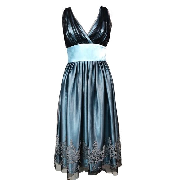 Davids Bridal Turquoise Blue Dress Black Tulle Sequin Fit and Flare Womens 6 - Picture 1 of 8
